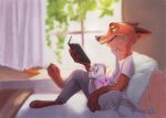  3_toes anthro bed black_nose book canid canine carrot_pen catelman clothing disney duo female fox fur green_eyes grey_fur happy hi_res holding_book holding_object inside judy_hopps lagomorph leporid male mammal nick_wilde orange_fur pillow pink_nose predator/prey purple_eyes rabbit reading relaxing sitting toes window zootopia 
