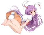 1girl animal_ears ass barefoot belt bunny_ears bunny_tail feet feet_up from_side hands_on_own_knees kuroshiro00 legs long_hair looking_back miniskirt necktie orange_skirt panties purple_eyes red_eyes red_neckwear reisen_udongein_inaba shirt simple_background skirt smile soles solo tail toes touhou underwear very_long_hair white_background white_panties white_shirt wind wind_lift 