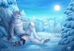 2018 4_toes 5_fingers anthro detailed_background dolphydolphiana felid fingers fur grey_fur light male mammal nude outside pantherine pawpads pine_tree pink_nose pink_pawpads purple_eyes sitting snow snow_leopard solo toes tree white_fur 