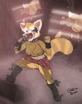  aggressive_retsuko ailurid anthro blokfort boots bottomwear breasts clothed clothing collar concert female fishnet footwear mammal punk pussy red_panda retsuko sanrio screaming skirt solo spiked_collar spikes stage torn_clothing upskirt 