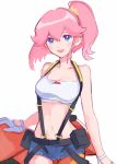  1girl aina_ardebit blue_eyes breasts gloves jacket midriff okchoko open_mouth pink_hair promare shorts side_ponytail smile suspenders thighhighs 