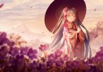 1girl artist_name bangs blurry blurry_foreground building closed_mouth cloud cloudy_sky commentary_request depth_of_field eyebrows_visible_through_hair field floral_print flower flower_field green_eyes green_hair hair_between_eyes hair_flower hair_ornament hatsune_miku holding holding_umbrella japanese_clothes kimono long_hair long_sleeves oriental_umbrella outdoors petals pink_flower pixiv_id print_kimono purple_flower purple_kimono red_flower red_umbrella rimuu sky smile solo standing twitter_username umbrella very_long_hair vocaloid white_flower wide_sleeves 