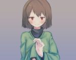  androgynous blush brown_hair chara_(undertale) closed_mouth commentary_request jewelry looking_at_viewer necklace oshiruko_(tsume) red_eyes shirt shirt_tug short_hair simple_background smile solo striped striped_shirt striped_sweater sweater undertale 