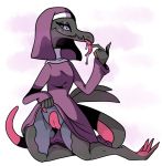  anthro bedroom_eyes bodily_fluids clothed clothing clothing_lift eyelashes female flat_chested habit half-closed_eyes kneeling nintendo nun pok&eacute;mon pok&eacute;mon_(species) pussy salazzle saliva seductive simple_background smile solo tongue unknown_artist video_games 