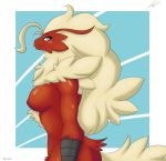  abstract_background absurd_res avian big_breasts bird blaziken blue_eyes breasts chest_tuft featureless_breasts female fluffy fringe fur hair hi_res jeffthehusky long_hair nintendo pok&eacute;mon pok&eacute;mon_(species) pubes red_fur shaded side_view smile standing thick_thighs tuft video_games 