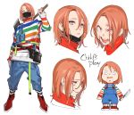  1boy axe blood blue_eyes character_sheet child&#039;s_play chucky copyright_name doll expressions freckles humanization knife male_focus mullet pop_kyun red_footwear shirt simple_background striped striped_shirt surgical_mask tool_belt white_background 