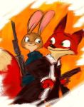  canid canine clothing dipstick_ears dipstick_tail disney female fox holding_gun holding_object holding_weapon judy_hopps lagomorph leporid male mammal multicolored_ears multicolored_tail nick_wilde pnoll rabbit smile suit weapon zootopia 