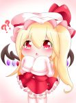  1girl ?? alternate_hair_length alternate_hairstyle arms_up blonde_hair blush chibi eyebrows_visible_through_hair flandre_scarlet gradient gradient_background hair_between_eyes hat hat_ribbon highres long_hair looking_at_viewer mob_cap open_mouth petticoat pink_background red_eyes red_skirt red_vest ribbon shirt side_ponytail skirt skirt_set sleeves_past_fingers sleeves_past_wrists solo thighhighs touhou triangle_mouth very_long_hair vest white_headwear white_legwear white_shirt wings yairenko zettai_ryouiki 