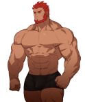  1boy abs bara beard boxers bulge chest clenched_hand clenched_hands closed_mouth facial_hair fate/zero fate_(series) gomtang male_focus muscle navel nipples pectorals red_eyes red_hair rider_(fate/zero) scar solo topless underwear upper_body white_background 