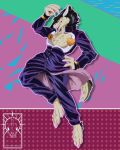  &lt;3 2019 abstract_background anthro badge body_hair bracelet canid canine canis chest_hair claws clothed clothing exposed_chest fur hair hi_res hybrid jacket jewelry jojo&#039;s_bizarre_adventure josuke_higashikata looking_at_viewer male mammal open_mouth outline peace_symbol sergal simple_background smile solo tattoo topwear unichromacorn wolf 