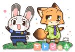  2017 blush canid canine chibi clothing dipstick_ears disney duo female fox judy_hopps lagomorph leporid male mammal multicolored_ears nick_wilde open_mouth predator/prey rabbit rikuo_(artist) smile uniform zootopia 