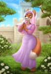  5_toes anthro black_nose brown_eyes building canid canine castle clothed clothing dipstick_tail disney dolphydolphiana dress female flower fox fur grass holding_flower holding_object jewelry maid_marian mammal multicolored_tail necklace orange_fur plant robin_hood_(disney) solo standing toes tree 