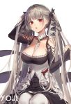  1girl :o artist_name azur_lane bangs bare_shoulders between_breasts black_dress black_gloves breasts bridal_gauntlets cleavage clenched_hand dated detached_collar dress earrings formidable_(azur_lane) frilled_dress frills gloves grey_hair hair_grab highres jewelry large_breasts long_hair open_mouth red_eyes sitting solo twintails two-tone_dress two-tone_ribbon underbust very_long_hair white_dress white_legwear yoji_(pl05030786) 