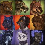  1:1 2013 accipitrid accipitriform anthro avian bird black_fur black_hair black_lips black_nose blakc_eyes blue_eyes brown_eyes brown_fur brown_hair canid canine canis cervid digital_media_(artwork) domestic_dog ear_piercing ear_ring felid fur group hair headshot_portrait humanoid hybrid katie_hofgard leopard lips mammal owl pantherine piercing portrait purple_fur red_eyes wolf 