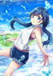  1girl amano_hina_(tenki_no_ko) bangs bare_arms bare_shoulders blue_eyes blue_hair blue_shorts blue_sky blurry blurry_background blush breasts cloud commentary_request day depth_of_field eyebrows_visible_through_hair hood hood_down hooded_jacket jacket long_hair looking_at_viewer low_twintails minato_yu outdoors parted_lips short_shorts shorts sky sleeveless sleeveless_jacket small_breasts solo tenki_no_ko twintails very_long_hair water_drop white_jacket zipper_pull_tab 