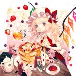  6+girls :t apron artist_name banana_slice bat_wings black_skirt black_vest blonde_hair blouse blue_skirt blueberry book braid brooch chair character_name chibi chinese_clothes closed_eyes commentary_request cravat creamer_(vessel) crescent crescent_hair_ornament cup double_bun eating eyebrows_visible_through_hair flandre_scarlet flat_cap food food_on_face fork fruit green_headwear hair_ornament hair_ribbon hand_on_hip hat hat_ribbon head_tilt head_wings holding holding_book holding_fork holding_knife honey hong_meiling izayoi_sakuya jewelry knife koakuma long_hair looking_at_viewer maid_headdress minigirl mob_cap mochacot multiple_girls pancake pants patchouli_knowledge patterned_background pillow pink_background pink_blouse pink_headwear pink_robe pink_skirt plate pouring pout puffy_pants puffy_short_sleeves puffy_sleeves raspberry reading red_eyes red_hair red_neckwear red_skirt red_vest remilia_scarlet ribbon robe saucer shirt short_hair short_sleeves side_ponytail silver_hair sitting sitting_on_pillow skirt sleeping smile standing star strawberry table tea teacup teapot teaspoon touhou tress_ribbon twin_braids very_long_hair vest waist_apron whipped_cream white_headwear white_pants white_shirt wings wooden_chair wooden_table yellow_neckwear 