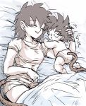  1boy 1girl baby bed_sheet black_hair closed_eyes collarbone commentary_request dragon_ball dragon_ball_minus gine hand_on_another&#039;s_head highres lying monkey_tail mother_and_son on_bed saza_(gogo77_bb) shirt sketch smile son_gokuu tail 