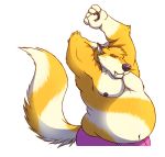  2018 anthro canid canine canis clothed clothing digital_media_(artwork) fangs fur male mammal multicolored_fur navel nipples overweight overweight_male purple_nose simple_background skaifox stretching topless underwear white_background white_fur wolf yellow_fur 