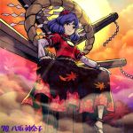  1girl black_skirt character_name cloud floral_print hair_ornament leaf leaf_hair_ornament lowres meimaru_inuchiyo mirror onbashira purple_hair red_eyes red_shirt rope sandals shide shimenawa shirt short_hair sitting skirt smile solo touhou yasaka_kanako 