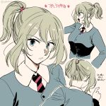  1girl angry bangs bc_freedom_school_uniform blonde_hair blue_eyes cardigan girls_und_panzer long_sleeves messy_hair necktie open_mouth oshida_(girls_und_panzer) ponytail pout school_uniform simple_background solo sweater twitter_username v-shaped_eyebrows yukataro 