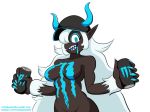  beverage black_skin blue_eyes breasts clothing demon energy_drink female fingers hair hat headgear headwear horn hotsaucensfw humanoid humanoid_pointy_ears long_hair looking_at_viewer monster-chan monster_energy not_furry open_mouth sharp_teeth simple_background smile solo teeth tongue white_hair 