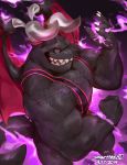  2019 big_muscles big_pecs black_skin clothing dragaux dragon fangs fire flexing hi_res horn looking_at_viewer muscular nintendo open_mouth pecs purple_eyes ring_fit_adventure ring_fit_adventures side_view signature smile snartles tight_clothing tongue video_games watermark wings 
