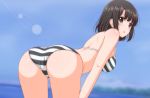  1girl :o absurdres ass ass_focus bangs bent_over bikini blue_sky blurry blurry_background blush breasts brown_eyes brown_hair from_behind hands_on_own_knees highres katou_megumi lens_flare light_rays looking_at_viewer looking_back medium_breasts medium_hair open_mouth outdoors poa_mellhen saenai_heroine_no_sodatekata shiny shiny_skin sky solo striped striped_bikini swimsuit 