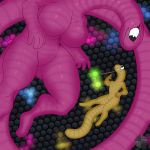  1:1 anthro breasts dark_background female fivel imminent_vore pink_scales reptile scales scalie size_difference slither.io snake tan_scales text vore 