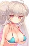  1girl :o ahoge azur_lane bangs bare_shoulders bikini blue_bikini blush braid breasts brown_eyes choker cleavage collarbone commentary_request double_bun eyebrows_visible_through_hair flower formidable_(azur_lane) formidable_(the_lady_of_the_beach)_(azur_lane) grey_hair hair_between_eyes large_breasts long_hair looking_at_viewer marshmallow_mille parted_lips red_choker simple_background solo swimsuit twitter_username upper_body very_long_hair white_background white_flower 