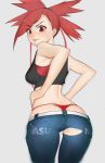  1girl absurdres ass asuna_(pokemon) belt bikini commentary_request cowboy_shot crop_top denim eyebrows_visible_through_hair gatchan grey_background gym_leader highres jeans layered_clothing o-ring o-ring_bottom pants pokemon red_bikini red_bikini_bottom red_bikini_top red_eyes red_hair solo swimsuit tongue tongue_out torn_clothes torn_jeans torn_pants white_belt 