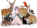  2girls animal bare_legs beagle bird black_headwear blue_shirt bobby_socks bow bunny cat collared_shirt coronet0407 deer dog dot_nose floral_background frilled_sleeves frills green_hair hat hat_bow headband kaenbyou_rin kaenbyou_rin_(cat) komeiji_koishi komeiji_satori lavender_eyes lavender_hair lion looking_at_another macaw multiple_girls parrot pink_skirt reiuji_utsuho reiuji_utsuho_(bird) shirt short_hair siblings sitting skirt slippers smile socks third_eye tortoise touhou turtle veins wide_sleeves yellow_bow 