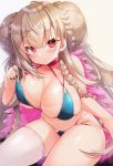  1girl :o absurdres ahoge alternate_costume azur_lane bangs bare_shoulders beige_background bikini black_nails blue_bikini blush braid breasts choker cleavage double_bun formidable_(azur_lane) formidable_(the_lady_of_the_beach)_(azur_lane) highres large_breasts long_hair looking_at_viewer navel nekomugiharu outdoors red_eyes ribbon sidelocks simple_background single_thighhigh sitting skindentation solo swimsuit thighhighs thighs very_long_hair white_legwear 