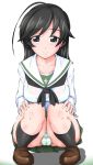  1girl ahoge black_hair blue_eyes blush bra breasts cameltoe closed_mouth collarbone eyebrows_visible_through_hair girls_und_panzer green_skirt groin highres isuzu_hana large_breasts looking_at_viewer nandemo_kanden ooarai_school_uniform panties pantyshot pantyshot_(squatting) school_uniform see-through shiny shiny_hair shiny_skin simple_background skirt smile solo squatting striped striped_bra striped_panties underwear white_background 