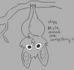  ambiguous_gender bat_wings big_ears branch chiropteran dialogue folded_wings hanging_from_branch lewdicrousart low_res mammal membrane_(anatomy) membranous_wings monochrome sketch solo tagme wings 