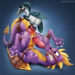  1:1 4_toes activision anal anal_penetration avian bird claws digital_media_(artwork) dildo dragon duo feathered_wings feathers hi_res horn knot male male_penetrated membrane_(anatomy) membranous_wings on_bacl penetration penis purple_eyes scalie sex_toy simple_background spines spyro spyro_the_dragon teeth toes video_games western_dragon wings zazush-una 