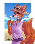  2019 5_toes anthro beach black_nose brown_eyes canid canine clothed clothing collar detailed_background digital_media_(artwork) disney dress eyewear female flower fox fur glasses headgear headwear hi_res jewelry maid_marian mammal necklace orange_fur plant pose red_eyes robin_hood_(disney) seaside smile solo sunglasses theart_10 toes 