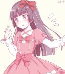  1girl bangs black_hair blunt_bangs bow collarbone cosplay creator_connection dress eromanga_sensei eyebrows_visible_through_hair gokou_ruri hair_bow herunin lolita_fashion long_hair looking_down mole mole_under_eye ore_no_imouto_ga_konna_ni_kawaii_wake_ga_nai pink_bow pink_dress purple_eyes red_bow simple_background solo twitter_username white_background yamada_elf yamada_elf_(cosplay) 