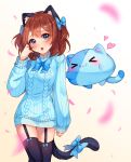  &gt;_&lt; 1girl :3 :o animal_ears aran_sweater artist_name bangs black_legwear blue_bow blue_eyes blue_neckwear blue_sweater blush borrowed_character bow bowtie brown_hair cat_ears cat_girl cat_tail commission creature dress eyebrows_visible_through_hair fang garter_straps gradient gradient_background hair_bow hand_up head_tilt heart hyanna-natsu long_sleeves looking_at_viewer open_mouth original petals solo sweater sweater_dress tail tail_bow thighhighs two_side_up white_background zettai_ryouiki 