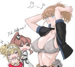  1other 3girls =_= arms_behind_head beamed_eighth_notes belt bikini black_shirt blonde_hair blue_eyes bra breasts brown_hair cleavage collarbone commentary_request dress eighth_note enemy_lifebuoy_(kantai_collection) english_text gambier_bay_(kantai_collection) grey_bra hair_ornament hairband highres holding holding_hair innertube intrepid_(kantai_collection) kantai_collection large_breasts mouth_hold multiple_girls musical_note open_clothes open_mouth ponytail rubber_band saratoga_(kantai_collection) shinkaisei-kan shirt short_hair side_ponytail sidelocks simple_background smokestack sozan swimsuit twintails underwear upper_body white_background white_dress yellow_bikini 