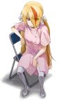  1girl alternate_hairstyle bangs blonde_hair chair costume folding_chair hair_ribbon high_heels highres long_hair low_twintails multicolored_hair nurse pantyhose red_eyes ribbon sgen simple_background sitting solo twintails white_background zombie_land_saga 