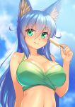  1girl :q absurdres animal_ear_fluff animal_ears bangs bikini blue_hair blush breasts cleavage day dripping eyebrows_visible_through_hair food food_on_breasts fox_ears fox_girl fox_tail fuyubare_kiyo green_bikini green_eyes hair_between_eyes highres holding kyu_(wein-seria) large_breasts long_hair looking_at_viewer navel original outdoors popsicle solo swimsuit tail tongue tongue_out upper_body very_long_hair 