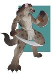  anthro beezlebumawoken digital_media_(artwork) dungeons_and_dragons fur gnoll hair hi_res holding_object hyaenid male mammal melee_weapon simple_background solo spotted_hyena standing sword weapon 