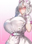  1girl apron bandages blush breasts chomikuplus closed_mouth dress eyes_visible_through_hair from_below gloves gradient gradient_background hair_ornament hair_over_eyes highres holding holding_syringe huge_breasts long_hair looking_at_viewer mole mole_under_eye nijisanji nurse pink_background purple_eyes silver_hair sketch solo sukoya_kana syringe twintails upper_body virtual_youtuber white_apron white_dress white_gloves wrist_cuffs x_hair_ornament 