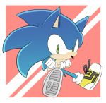  alternate_costume anthro blue_fur border clothing crossed_arms eulipotyphlan footwear fur gloves green_eyes handwear hedgehog male mammal pink_background shoes sikai simple_background sitting solo sonic_(series) sonic_the_hedgehog white_border 