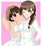  2girls blush braid breasts bridal_veil brown_hair closed_mouth dress formal girls_und_panzer gloves hair_ornament hairclip hand_on_another&#039;s_shoulder hand_on_hip highres isobe_noriko large_breasts long_hair looking_at_viewer multiple_girls one_eye_closed pink_background rukuriri shiny shiny_hair shiny_skin short_hair simple_background small_breasts smile suit sweat tanutika veil wedding wedding_dress white_gloves white_suit yuri 
