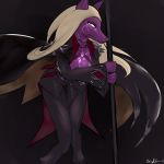  1:1 2019 accessory angry anthro big_breasts blonde_hair breasts canid canine cleavage clothed clothing collar digital_media_(artwork) doghead doghead_(character) dungeon_fighter_online female fur hair hi_res jewelry looking_at_viewer mammal melee_weapon ownychan polearm purple_fur simple_background solo solo_focus spear suit video_games weapon 