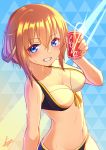  1girl absurdres alice_gear_aegis bikini black_bikini blue_eyes blush breasts can coca-cola cola eyebrows_visible_through_hair front-tie_bikini front-tie_top grin hair_between_eyes highres holding holding_can kanagata_sugumi kyu_(wein-seria) looking_at_viewer medium_breasts orange_hair short_hair signature smile soda_can solo sweat swimsuit two-tone_bikini 