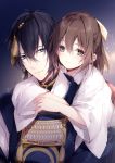  1boy 1girl bangs black_hair blue_eyes blush bow brown_bow brown_eyes brown_hair closed_mouth commentary_request eyebrows_visible_through_hair female_saniwa_(touken_ranbu) hair_between_eyes hair_bow hug hug_from_behind japanese_clothes kimono long_hair long_sleeves mikazuki_munechika miko mochizuki_shiina saniwa_(touken_ranbu) sayagata smile touken_ranbu white_kimono wide_sleeves 