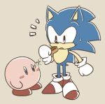  anthro black_eyes blue_eyes blue_fur clothing crossover duo eating eulipotyphlan food footwear fur gloves handwear hedgehog holding_food holding_object hot_dog kirby kirby_(series) male mammal nintendo shoes sikai simple_background sonic_(series) sonic_the_hedgehog sparkles standing tan_background video_games waddling_head 