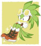  accipitrid accipitriform anthro avian bird blue_eyes boots border clothing crossed_arms eyewear feathers footwear gloves goggles green_feathers handwear jet_the_hawk male red_boots red_clothing red_footwear sikai simple_background sitting solo sonic_(series) sonic_riders sparkles white_border yellow_background 
